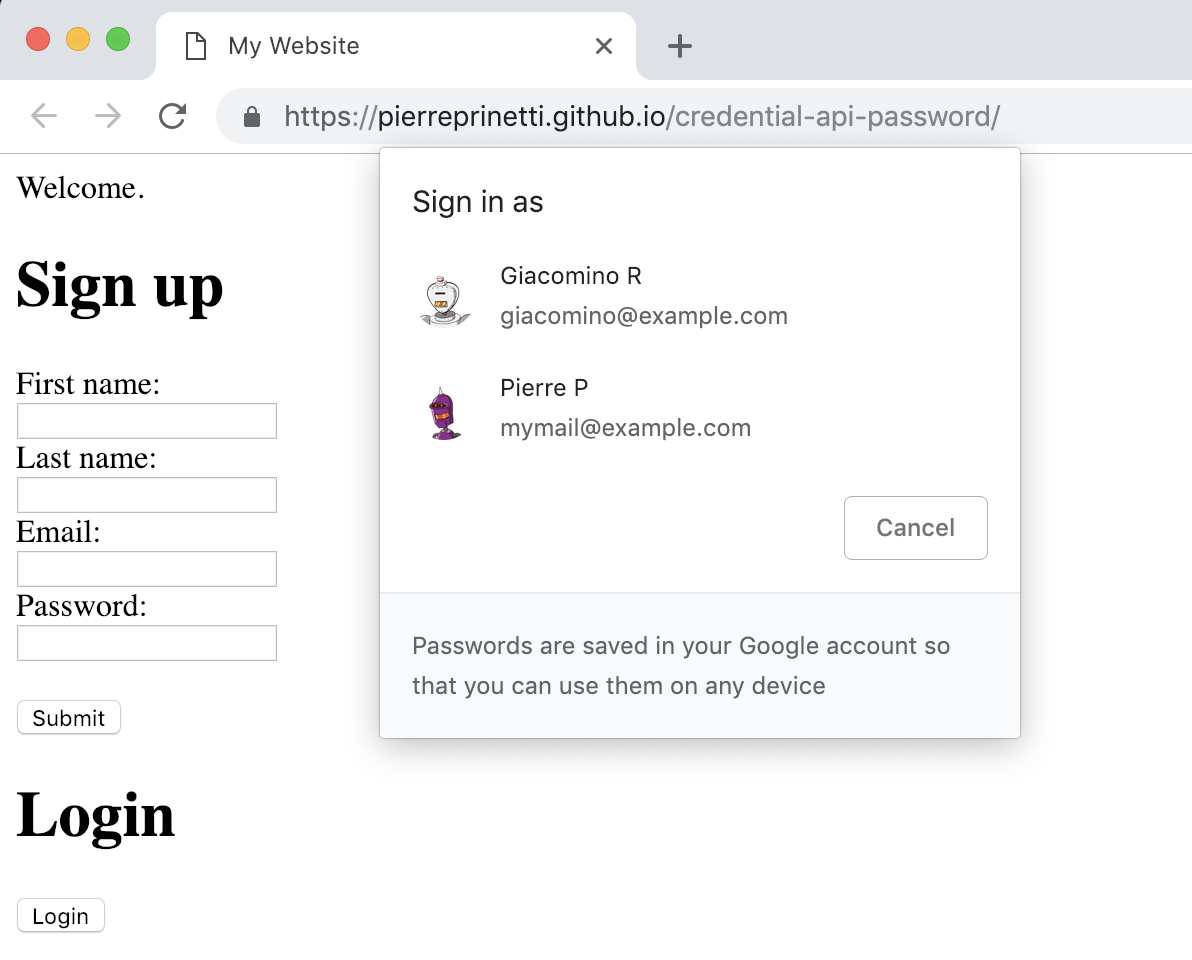 Login without a form with the Javascript Credential Management API, and two nice robots
