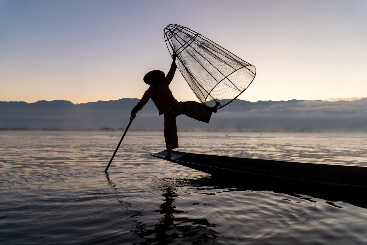 A presumably Asian traditional fisherman holds a peculiar fish cage using a hand and a foot, in balance with a foot on the edge of a canoe and one long stick plunged in the water.